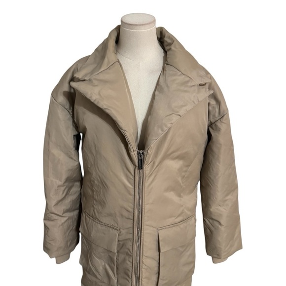 Maniere De Voir Women's Long Jacket Puffer 4 S M 6 8 Taupe Tan Cream Zipper Warm - Picture 6 of 11